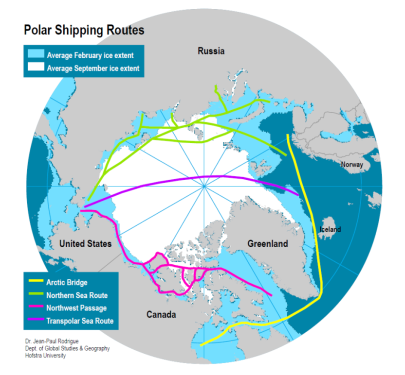 Map of Polar Silk Route showing key Arctic maritime pathways including the Northern Sea Route, Northwest Passage, Transpolar Sea Route, and Arctic Bridge. The map highlights average February and September ice extents across Russia, Canada, Greenland, and the United States, depicting emerging Arctic trade routes under global warming