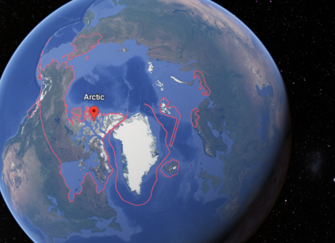 Google Earth Map Image of the Arctic Region that includes the Northwest Passage a long with the nations located in Arctic Region.