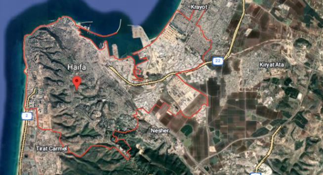 Present-day geographical map of Haifa, Israel, showing its coastal location along the Mediterranean Sea, major roads, port area, Mount Carmel range, and nearby urban regions.
