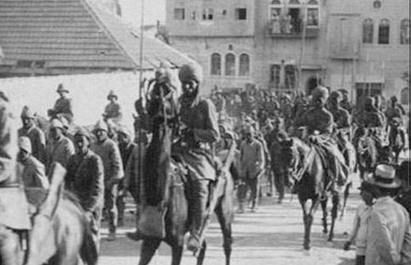 Historic depiction of the Battle of Haifa 1918 showing Indian Cavalry and Jodhpur Lancers charging on horseback against Ottoman forces, symbolizing Indian valor in World War I.