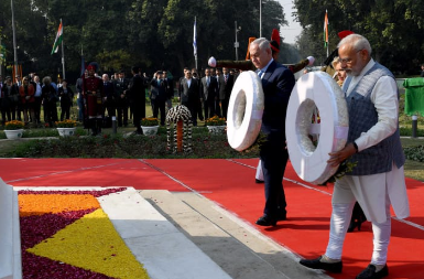Prime Minister Narendra Modi and Israeli Prime Minister Benjamin Netanyahu laying a wreath at the Haifa War Memorial in Israel to honor Indian soldiers who fought and sacrificed their lives in the 1918 Battle of Haifa.