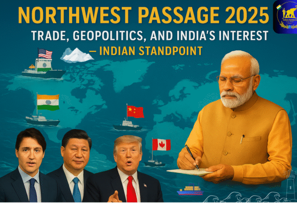 Illustration showing Prime Minister Narendra Modi observing global Arctic geopolitics in 2025, alongside Donald Trump, Xi Jinping, and Justin Trudeau, with ships bearing Indian, American, Chinese, and Canadian flags sailing through the Northwest Passage; world map and ocean waves symbolising trade, strategy, and India’s interest – Indian Standpoint.
