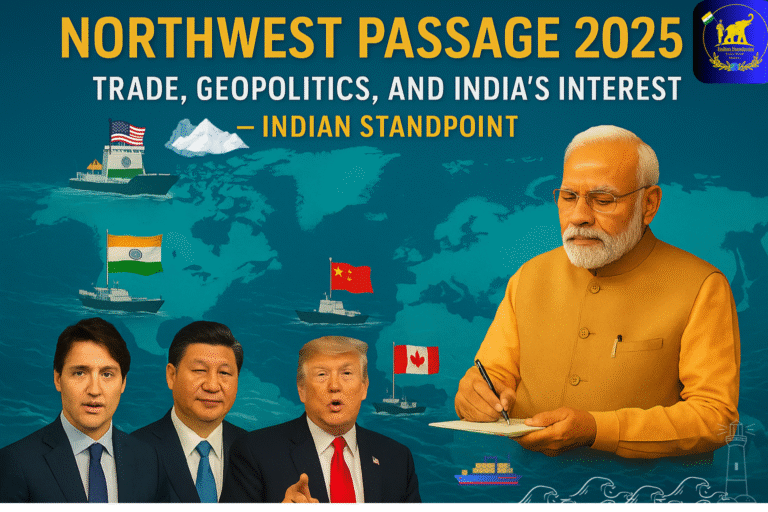 Illustration showing Prime Minister Narendra Modi observing global Arctic geopolitics in 2025, alongside Donald Trump, Xi Jinping, and Justin Trudeau, with ships bearing Indian, American, Chinese, and Canadian flags sailing through the Northwest Passage; world map and ocean waves symbolising trade, strategy, and India’s interest – Indian Standpoint.