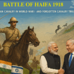Battle of Haifa 1918 illustration showing Indian Cavalry and Jodhpur Lancers charging on horseback with swords during World War I near Haifa, with Modi and Netanyahu shaking hands below, symbolising India–Israel relations 2025 and Haifa Day remembrance.