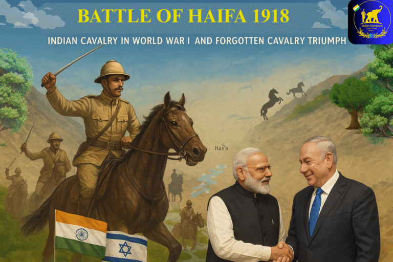 Battle of Haifa 1918 illustration showing Indian Cavalry and Jodhpur Lancers charging on horseback with swords during World War I near Haifa, with Modi and Netanyahu shaking hands below, symbolising India–Israel relations 2025 and Haifa Day remembrance.