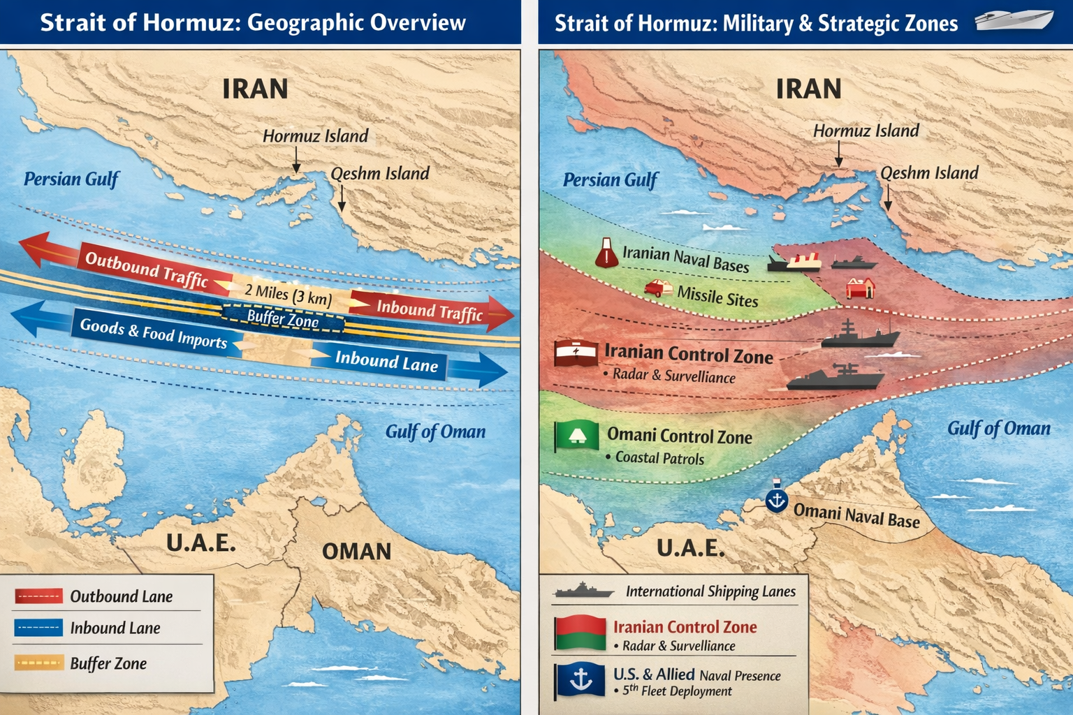 Infographic of the Strait of Hormuz displaying inbound and outbound shipping lanes, buffer zone, Iranian military control zones, naval bases, and strategic maritime routes.