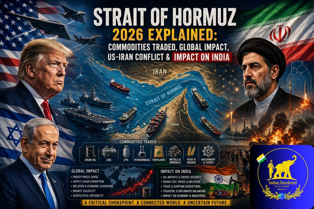 Strait of Hormuz map showing cargo ships and oil tankers, highlighting commodities traded through the Strait of Hormuz, US–Iran Conflict 2026, global impact of the crisis, and its impact on India.