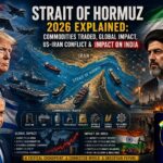 Strait of Hormuz map showing cargo ships and oil tankers, highlighting commodities traded through the Strait of Hormuz, US–Iran Conflict 2026, global impact of the crisis, and its impact on India.
