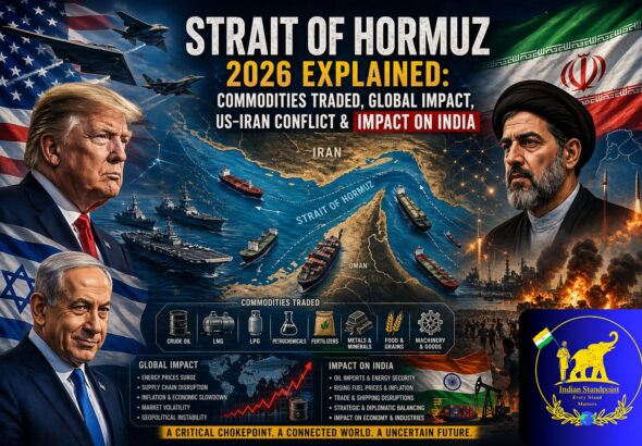 Strait of Hormuz map showing cargo ships and oil tankers, highlighting commodities traded through the Strait of Hormuz, US–Iran Conflict 2026, global impact of the crisis, and its impact on India.