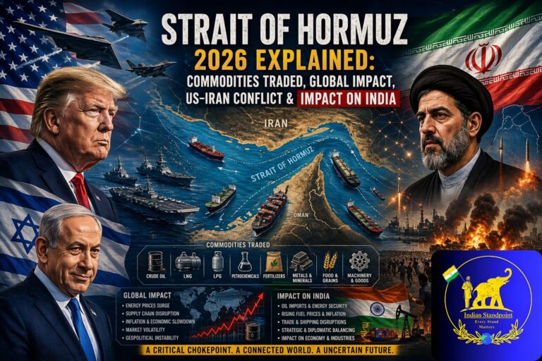 Strait of Hormuz map showing cargo ships and oil tankers, highlighting commodities traded through the Strait of Hormuz, US–Iran Conflict 2026, global impact of the crisis, and its impact on India.