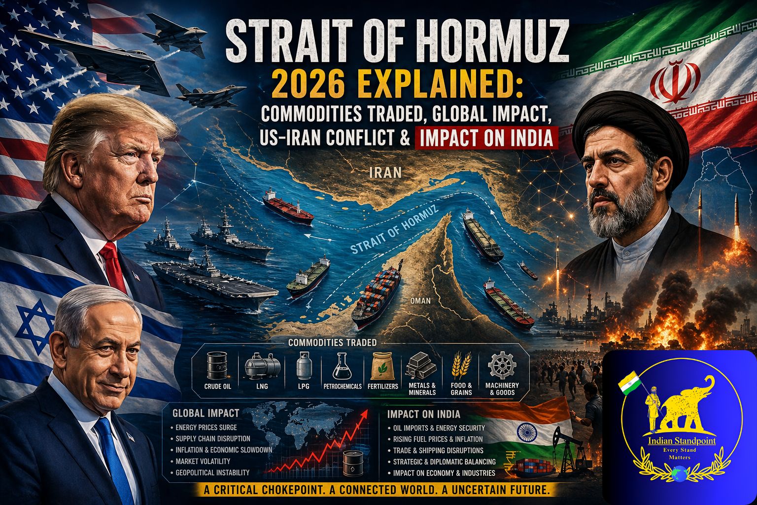 Strait of Hormuz map showing cargo ships and oil tankers, highlighting commodities traded through the Strait of Hormuz, US–Iran Conflict 2026, global impact of the crisis, and its impact on India.
